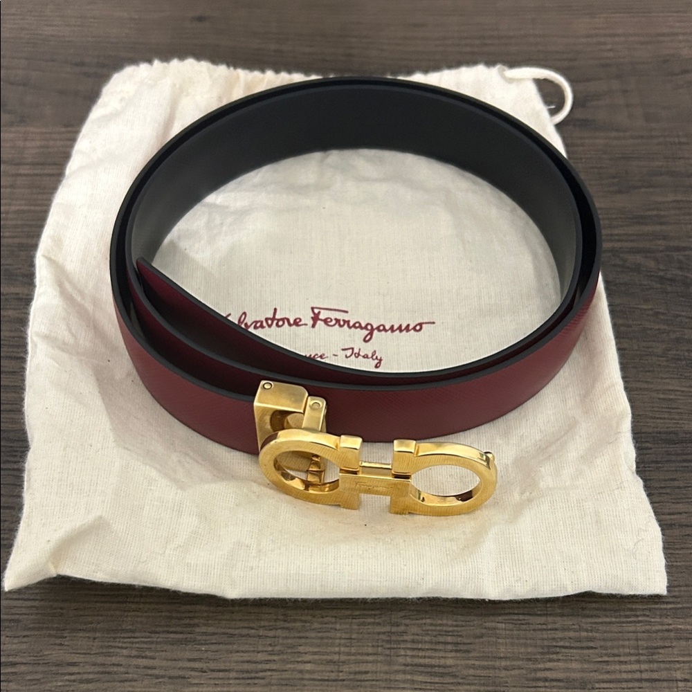 Salvatore Ferragamo Burgundy and Black Belt with Gold Clasp